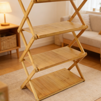 Wooden Foldable Shelf, Multi Layer Space Saving Portable Storage Rack for Outdoor Camping